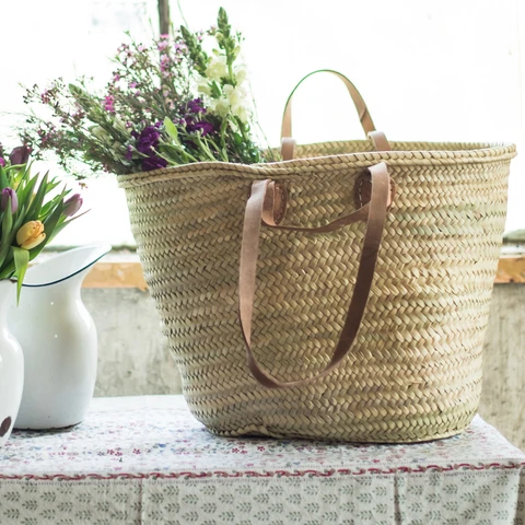 Long Handle French Market Basket (M) - Undyed Leather